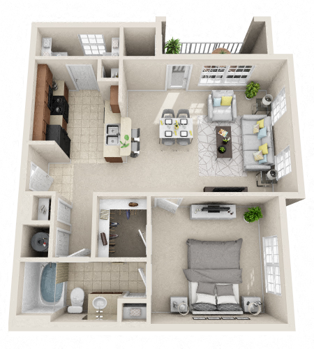 Floor plan for 1 bed, 1 bath, 798 sqft